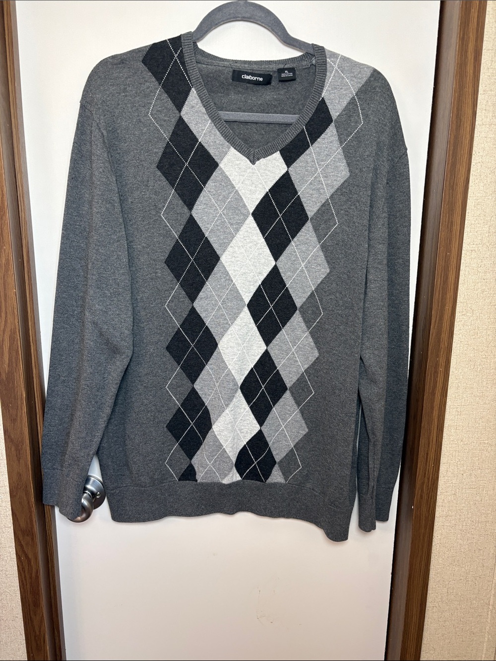 Claiborne Mens Argyle Sweater XL Gray Cotton Grandpacore Preppy Quiet Luxury
